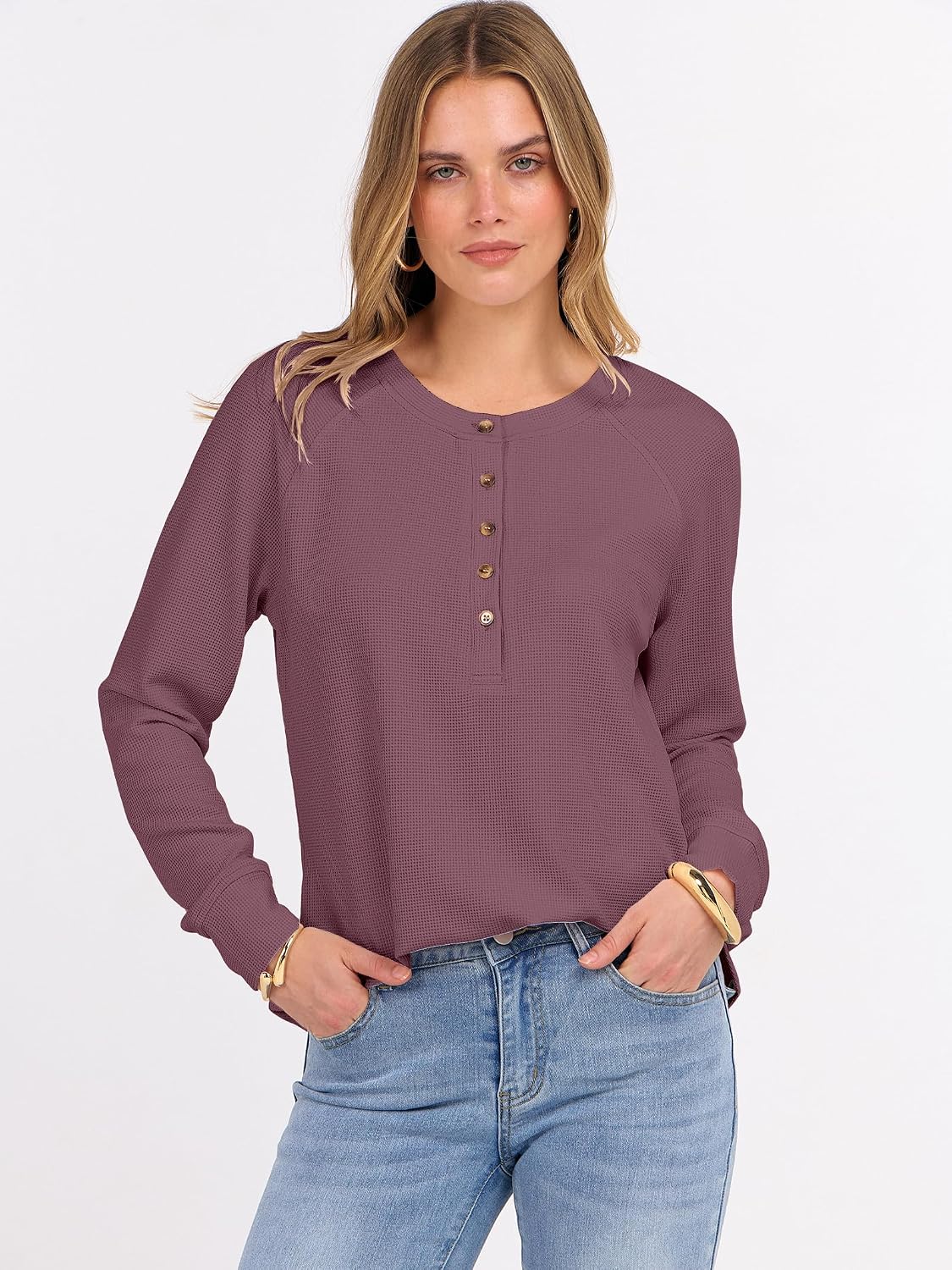 ANRABESS Women's Waffle Knit Henley Top Long Sleeve Shirts