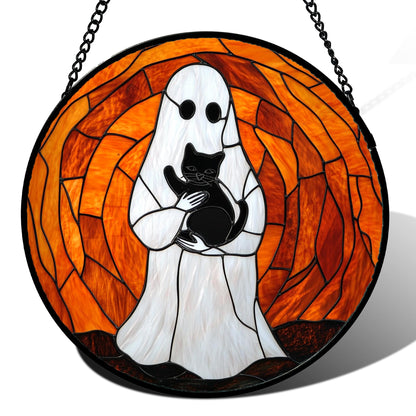 Stained Glass Window Hanging - Halloween Red White Scary Pumpkin Suncatcher for Doors Garden Home Spooky Rattan Sun Catchers Gothic Decor Horror Gifts for Women Men Friend Boy Girl 15 In
