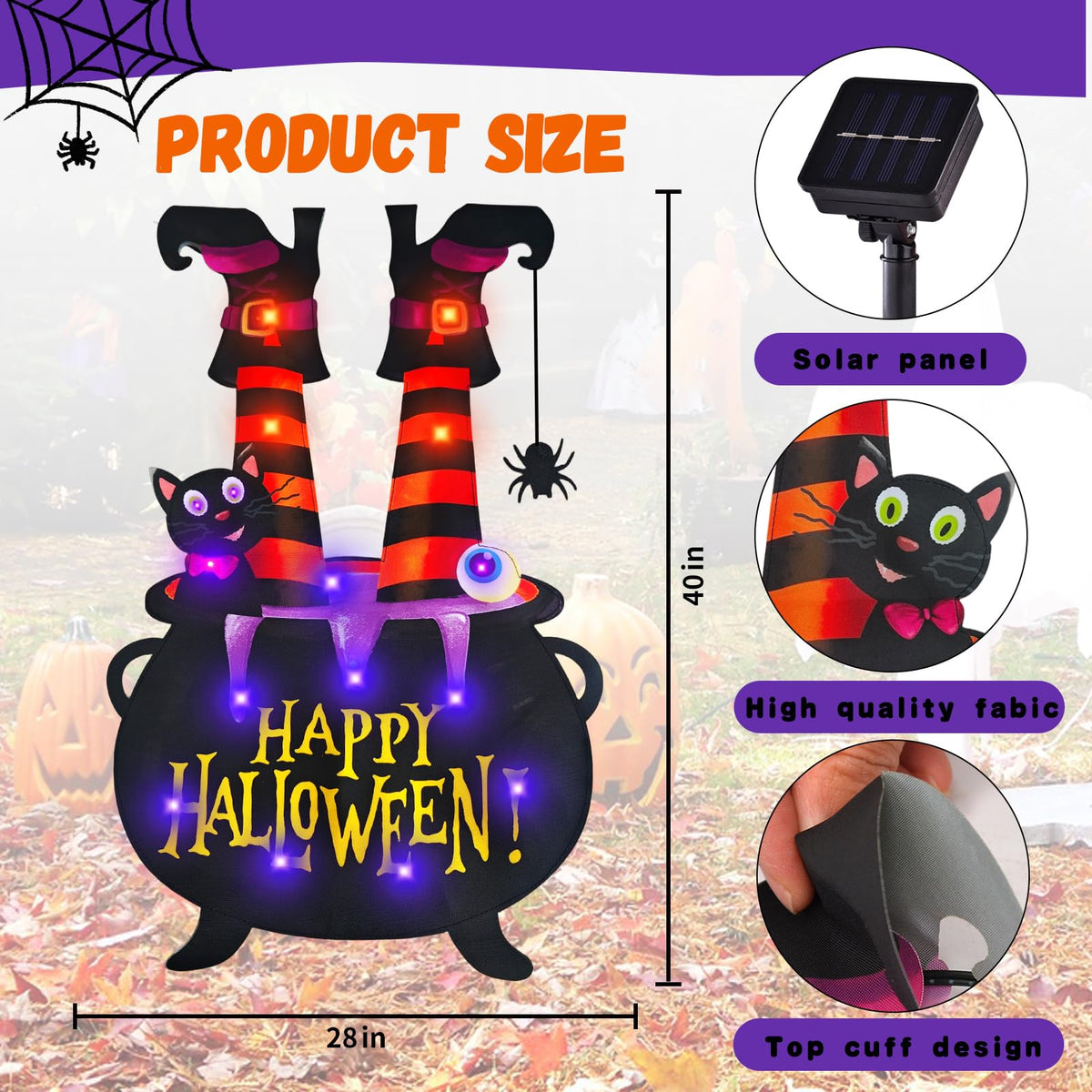 Halloween Lighted Garden Flag for Outside, LED Solar Yard Flag 8 Modes Witch Feet Shape Flag, 28x40 Double Sided Cauldron Eyeball Black Cat Decorations for Home Porch