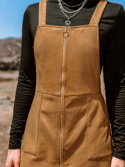 CUPSHE Faux Suede Mini Fall Dresses for Women Square Neck Pull Ring Zipper Front Pockets Wide Straps Casual Autumn Dress