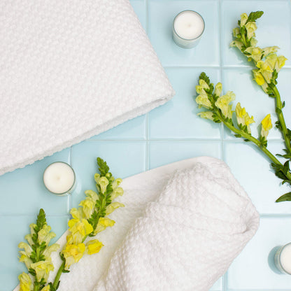 Cotton Craft- Euro Spa Set of 4 Luxury Waffle Weave Bath Towels, Oversized Pure Ringspun Cotton, 30 Inch X 56 Inch, White