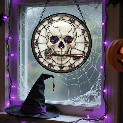 Stained Glass Window Hanging - Halloween Red White Scary Pumpkin Suncatcher for Doors Garden Home Spooky Rattan Sun Catchers Gothic Decor Horror Gifts for Women Men Friend Boy Girl 15 In