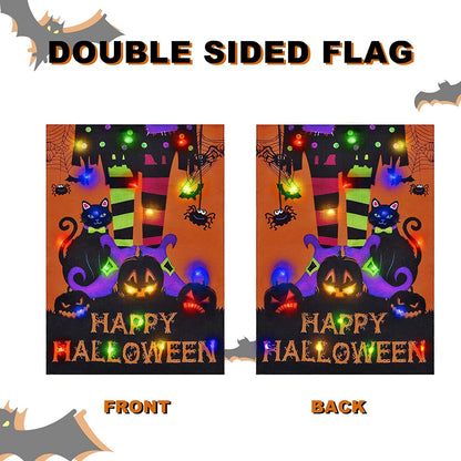 Halloween Lighted Garden Flag for Outside, LED Solar Yard Flag 8 Modes Witch Feet Shape Flag, 28x40 Double Sided Cauldron Eyeball Black Cat Decorations for Home Porch