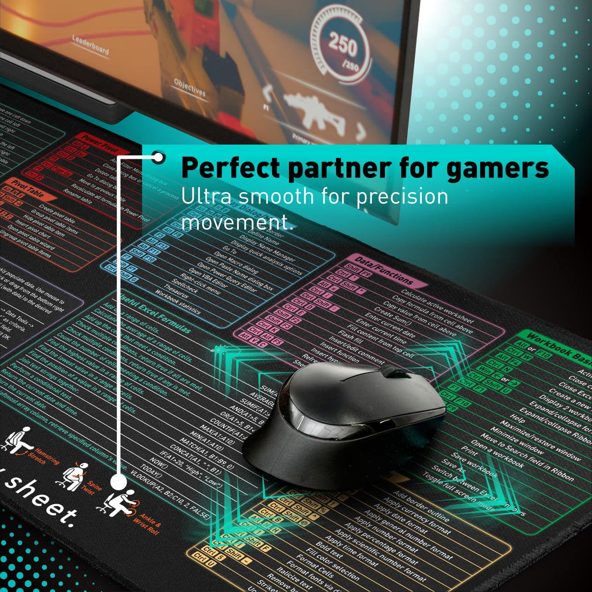 Pixiecube Excel Cheat Sheet Desk Pad | Excel Shortcut Keys Mouse Pad | Extended Large XL Gaming Mousepad | Pc Office Spreadsheet Keyboard Mat | Non-Slip Stitched Edge