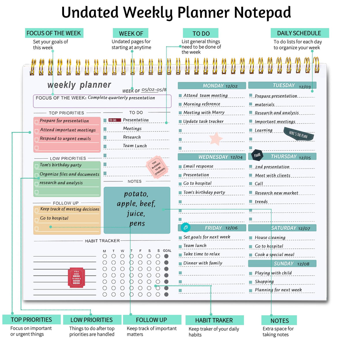 Thboxes Weekly Desk Planner, 8.5x11 In To Do List Notepad, 52 Sheets
