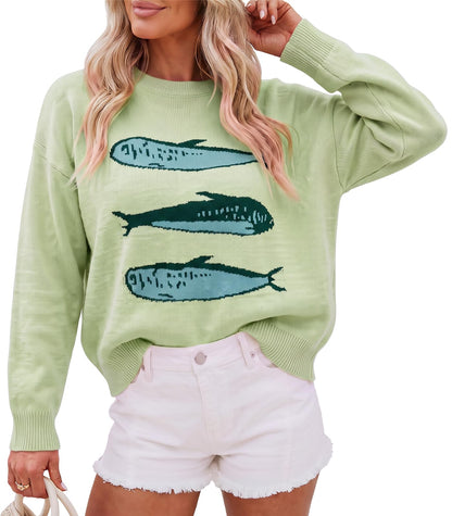 Cicy Bell Womens Graphic Sweaters Lightweight Knit Crewneck Pullover