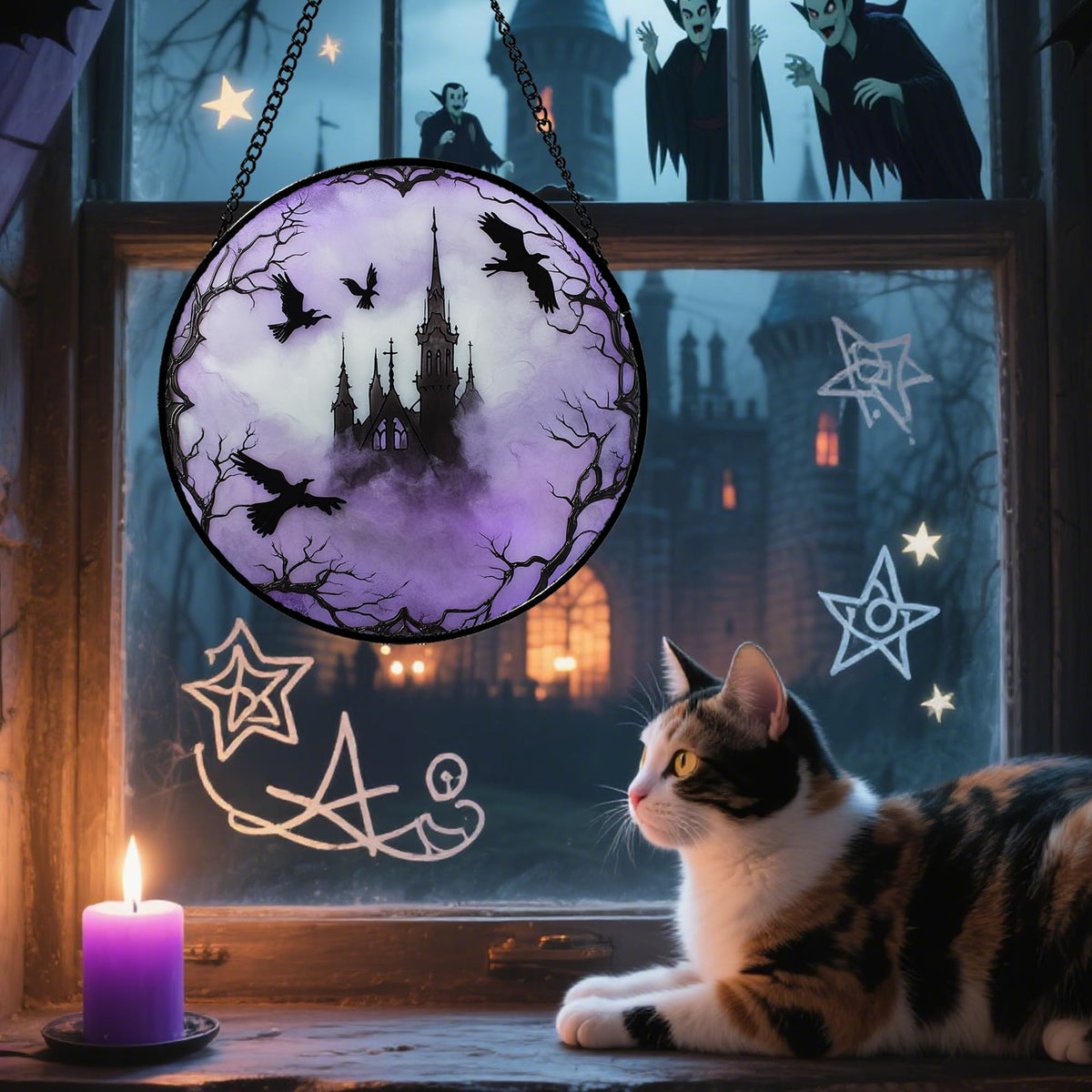 Stained Glass Window Hanging - Halloween Red White Scary Pumpkin Suncatcher for Doors Garden Home Spooky Rattan Sun Catchers Gothic Decor Horror Gifts for Women Men Friend Boy Girl 15 In