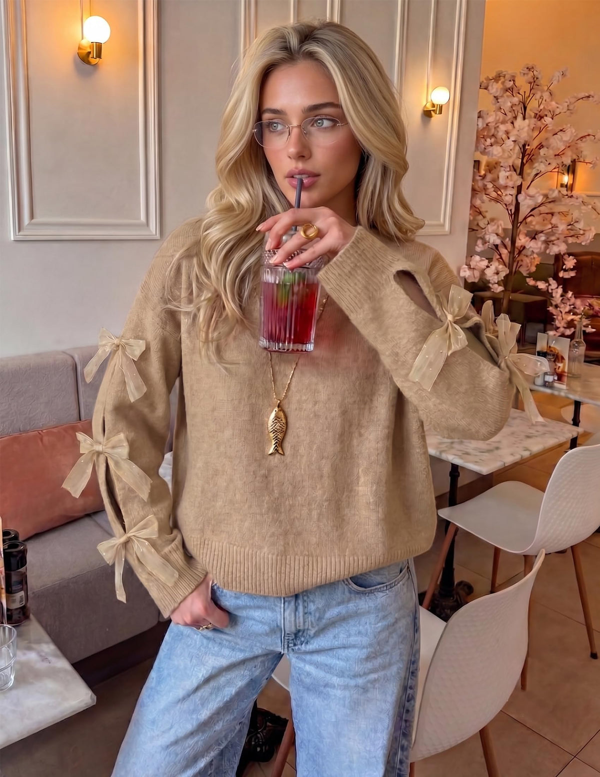 ZESICA Cute Bow Long Sleeve Oversized Sweaters