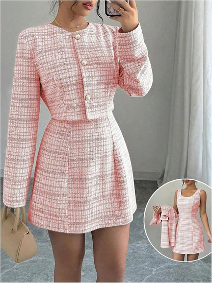 SOLY HUX Women's 2 Piece Plaid Long Sleeve Button Cropped Jacket Dress Set