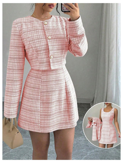 SOLY HUX Women's 2 Piece Plaid Long Sleeve Button Cropped Jacket Dress Set