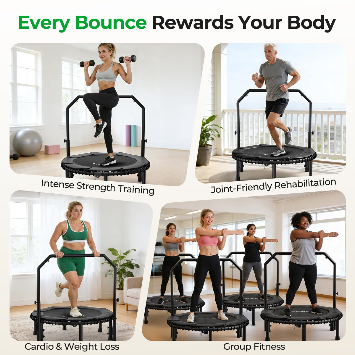 Bcan BT2 450/550LBS Mini Rebounder Trampoline for Adults with Bar, Fitness Trampoline with Bungees, Adjustable Handle, Stable & Quiet, Indoor Outdoor, Whole-Body Workout - 40IN/48IN | Fed Fitness