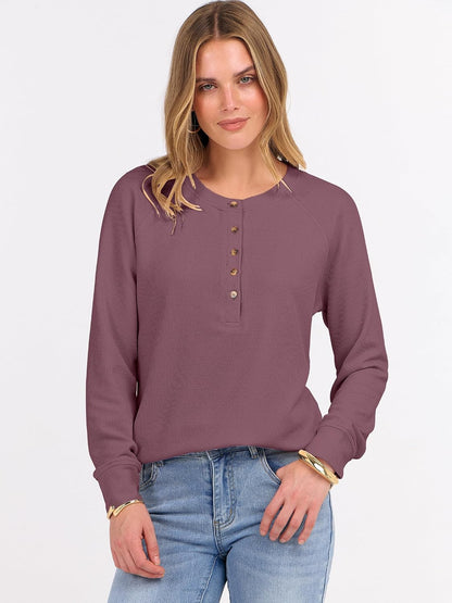 ANRABESS Women's Waffle Knit Henley Top Long Sleeve Shirts