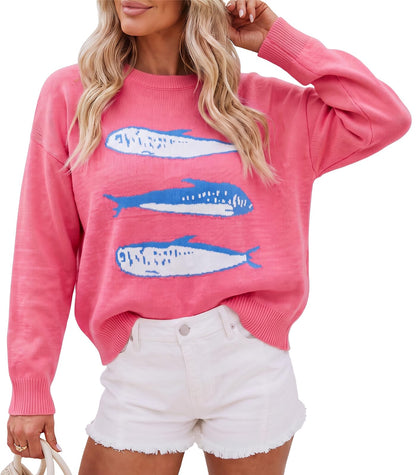 Cicy Bell Womens Graphic Sweaters Lightweight Knit Crewneck Pullover