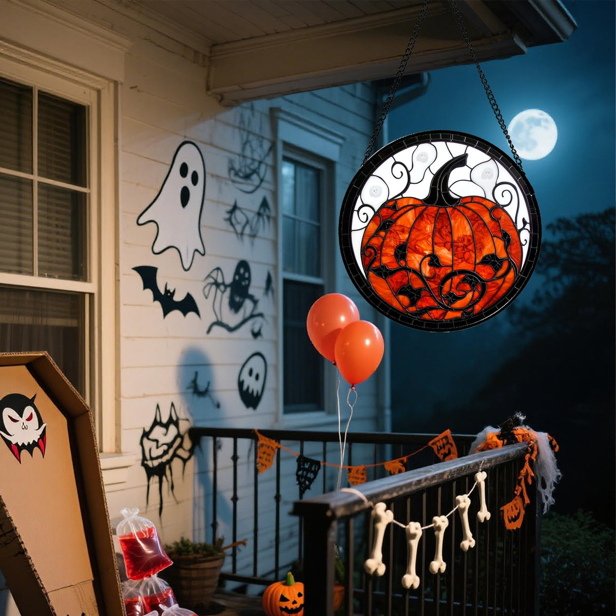 Stained Glass Window Hanging - Halloween Red White Scary Pumpkin Suncatcher for Doors Garden Home Spooky Rattan Sun Catchers Gothic Decor Horror Gifts for Women Men Friend Boy Girl 15 In
