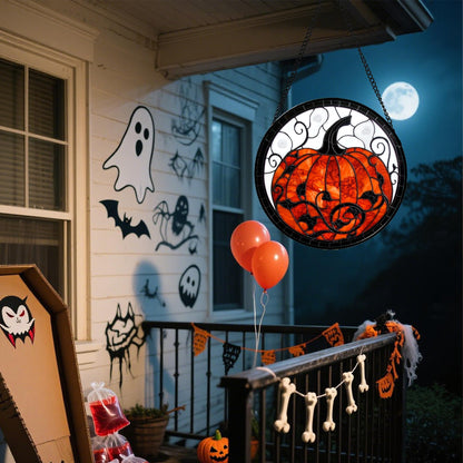 Stained Glass Window Hanging - Halloween Red White Scary Pumpkin Suncatcher for Doors Garden Home Spooky Rattan Sun Catchers Gothic Decor Horror Gifts for Women Men Friend Boy Girl 15 In