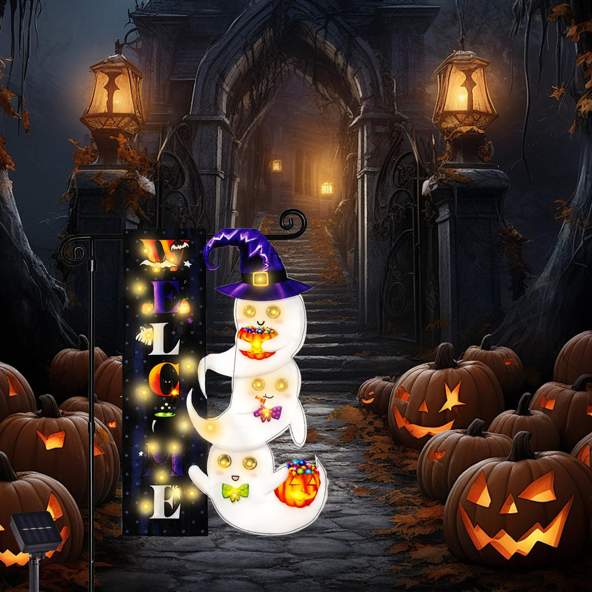 Halloween Lighted Garden Flag for Outside, LED Solar Yard Flag 8 Modes Witch Feet Shape Flag, 28x40 Double Sided Cauldron Eyeball Black Cat Decorations for Home Porch