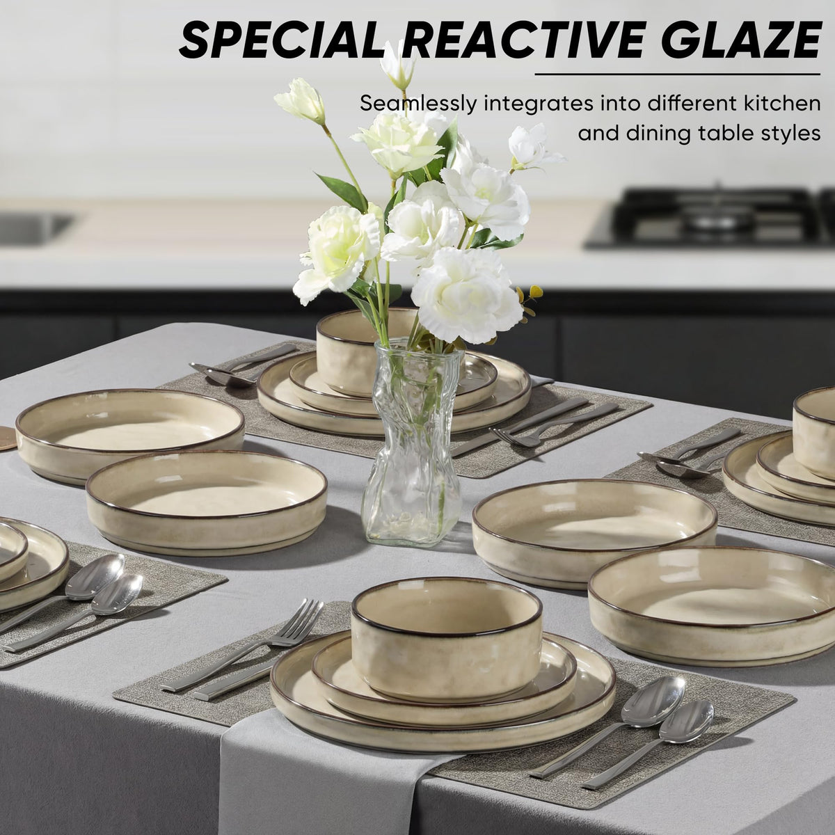 E-far Stoneware Dinnerware Set, 16-Piece Plates and Bowls Sets for 4