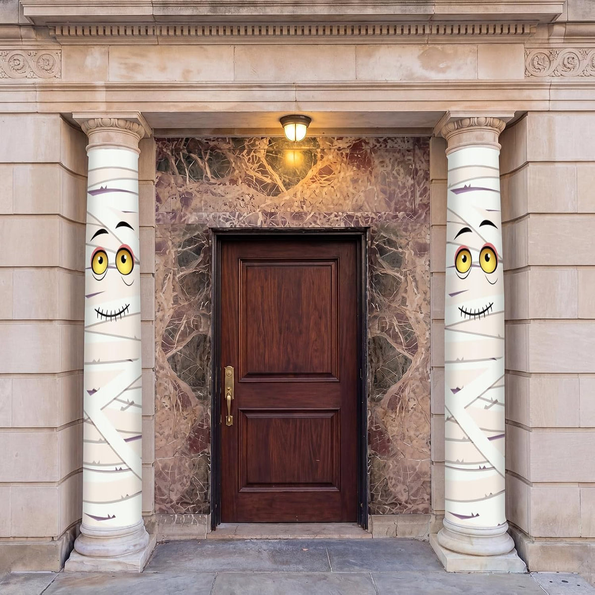 Mindsoft 2 Pack Summer Halloween Mummy Door Cover Decorations with 18ft Straps, 108x54 Inch PVC Weatherproof Spooky Bandage Wrap for Front Porch Pool Beach Haunted House Party Supplies