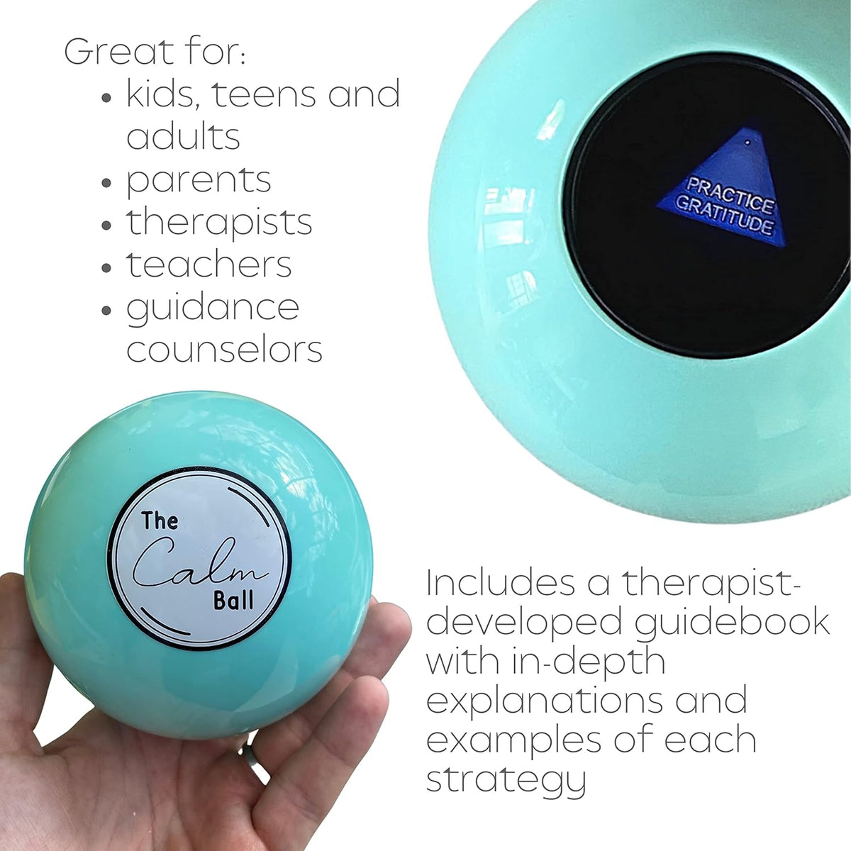 The Calm Ball – Therapist-Designed Coping Skills Magic 8 Ball with 20 Calming Strategies & Guidebook