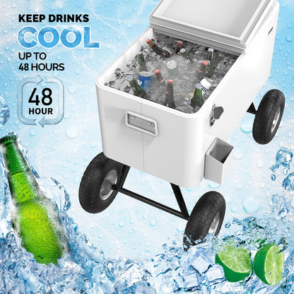 Vingli 80 Quart Wagon Rolling Cooler Ice Chest, W/Long Handle and 10" Wheels
