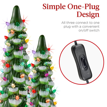 Best Choice Products Set of 3 Ceramic Christmas Trees, Pre-Lit Hand-Painted Tabletop Holiday Decoration W/Multicolor Bulbs, LED Lights – Green
