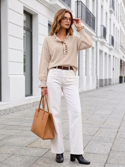 Ruffle Knit Collared Quarter Pullover
