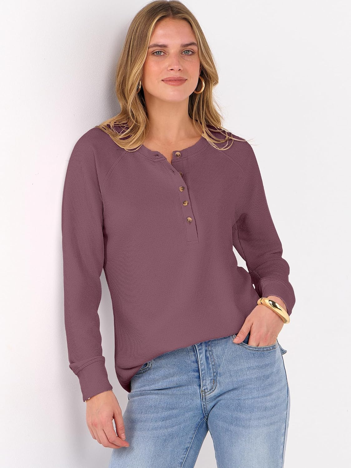 ANRABESS Women's Waffle Knit Henley Top Long Sleeve Shirts