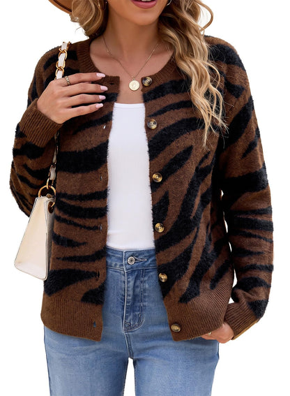 Sidefeel Women's Long Sleeve Crewneck Animal Print Cardigan Sweater