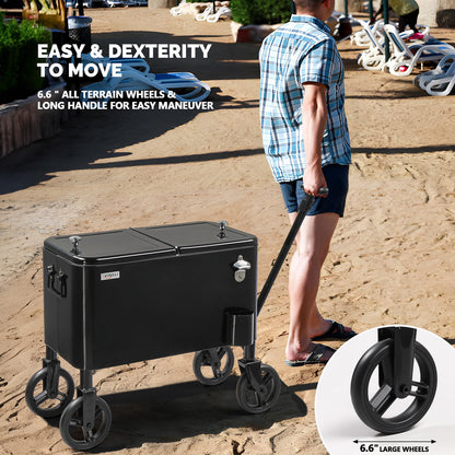 Vingli 80 Quart Wagon Rolling Cooler Ice Chest, W/Long Handle and 10" Wheels