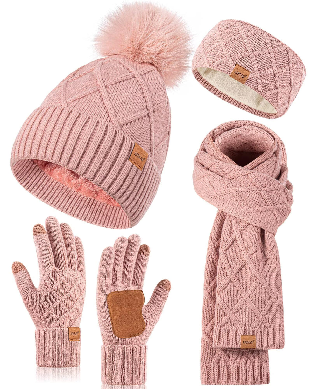 Womens Winter Hat Gloves Scarf Headband Set, Pom Pom Beanie Long Scarf Touchscreen Gloves Ear Warmer, 4 in 1 Warm Gift Set