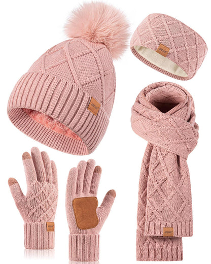 Womens Winter Hat Gloves Scarf Headband Set, Pom Pom Beanie Long Scarf Touchscreen Gloves Ear Warmer, 4 in 1 Warm Gift Set
