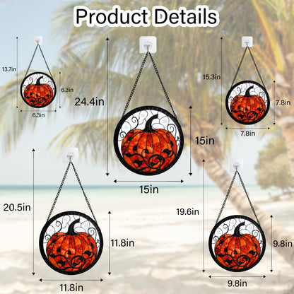 Stained Glass Window Hanging - Halloween Red White Scary Pumpkin Suncatcher for Doors Garden Home Spooky Rattan Sun Catchers Gothic Decor Horror Gifts for Women Men Friend Boy Girl 15 In