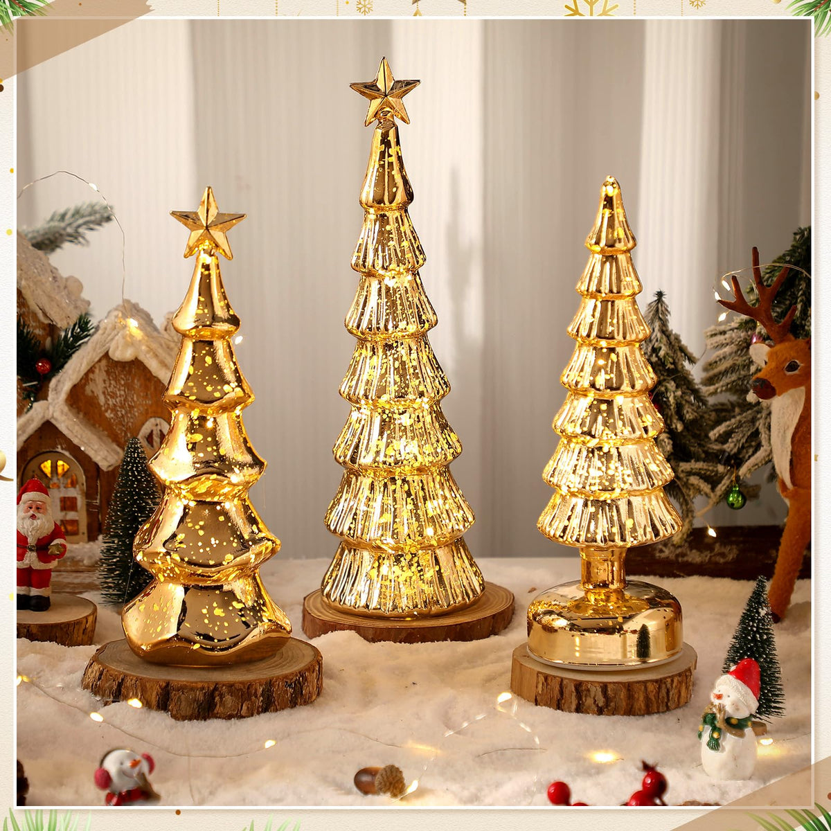 Funnymoom 3 Pack Glass Christmas Trees Decor Lighted Christmas Tree Tabletop Glitter Centerpiece Decoration Glass Xmas Tree Figurines Holiday Ornament for Table Mantle Fireplace(gold,classic)