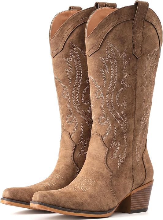 BEST SELLER - IUV Cowboy Boots For Women Western Cowgirl Boots Mid Calf Snip Toe
