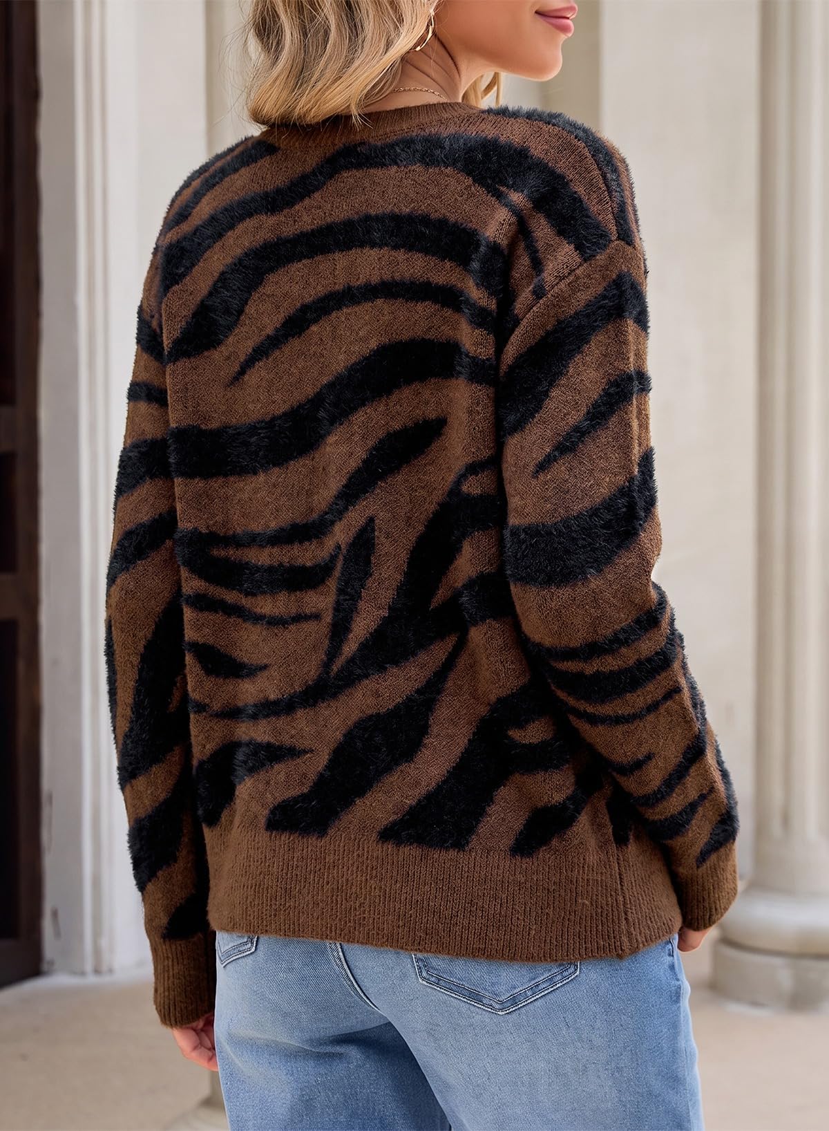 Sidefeel Women's Long Sleeve Crewneck Animal Print Cardigan Sweater
