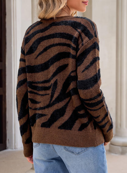 Sidefeel Women's Long Sleeve Crewneck Animal Print Cardigan Sweater