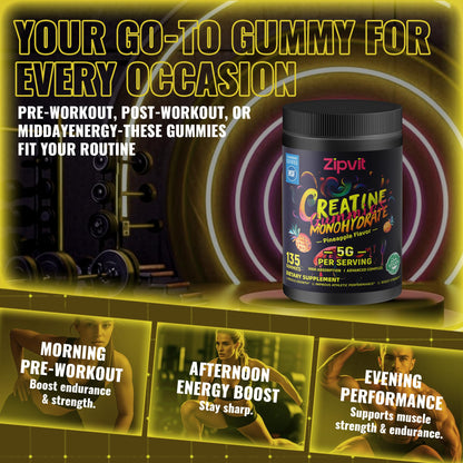 Creatine Monohydrate Gummies, Nsf Certified Creatine Gummy, 5g Dose for Men & Women to Support Muscle, Strength, Recovery, Cognitive Health & Memory, Pineapple Flavor, 135 Gummies
