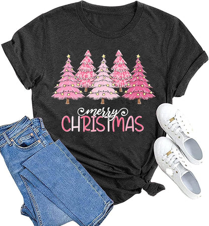 hcihgzr Christmas Shirts for Women Merry and Bright Christmas Shirt Xmas Tree Graphic Holiday T-Shirt Tops