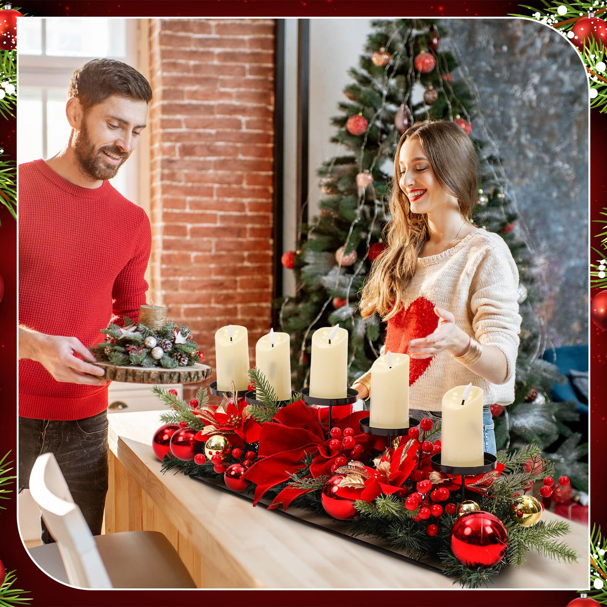 Funnymoom Christmas Tabletop Centerpiece 30 Inch Christmas Poinsettia Candle Holder with 5 Candle Artificial Table Decorations with Red Berries Gold Plants(red Ball)
