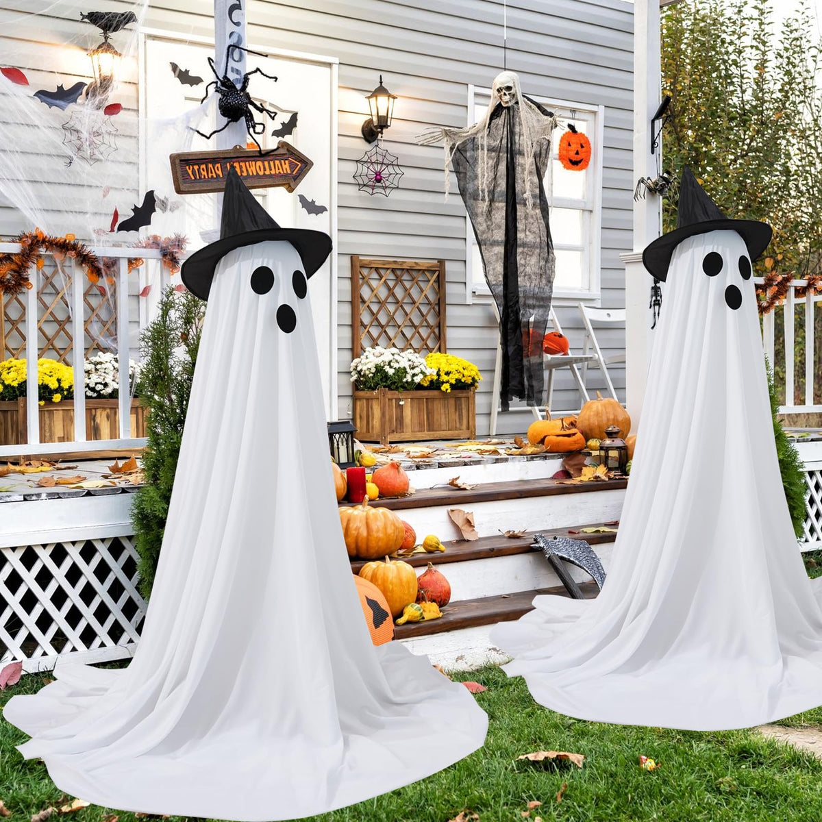 Set of 4 Halloween Hanging Ghosts, Halloween Decorations Outdoor Hanging Ghosts with Witch Hat,glowing Ghost Witch Hat Lights, Light Up Ghost Decor for Yard Patio Garden Tree Outside(4 Ghost Lighted)