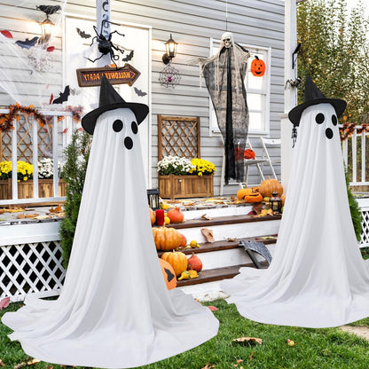 Set of 4 Halloween Hanging Ghosts, Halloween Decorations Outdoor Hanging Ghosts with Witch Hat,glowing Ghost Witch Hat Lights, Light Up Ghost Decor for Yard Patio Garden Tree Outside(4 Ghost Lighted)
