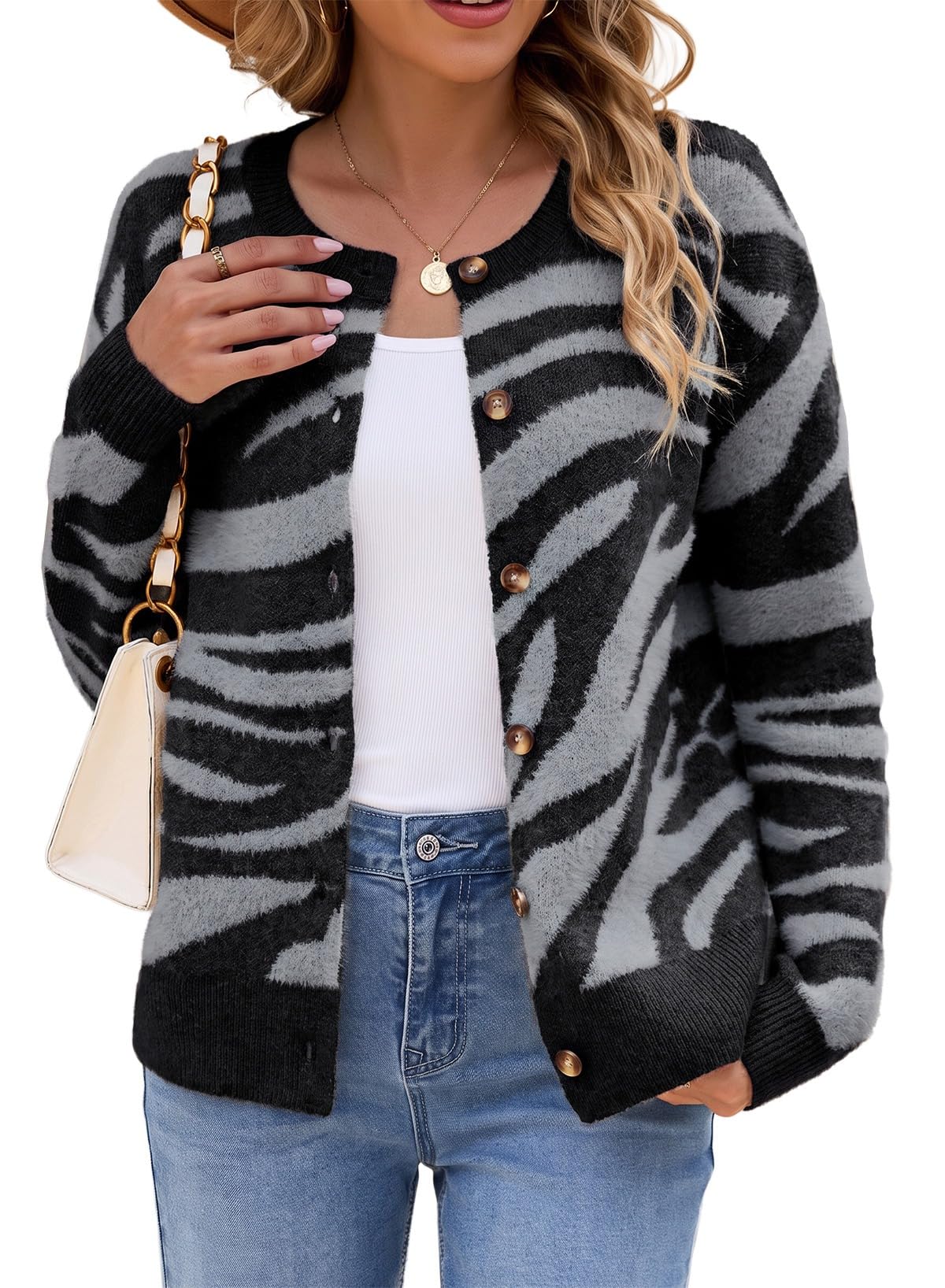 Sidefeel Women's Long Sleeve Crewneck Animal Print Cardigan Sweater