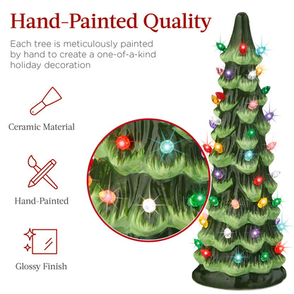 Best Choice Products Set of 3 Ceramic Christmas Trees, Pre-Lit Hand-Painted Tabletop Holiday Decoration W/Multicolor Bulbs, LED Lights – Green