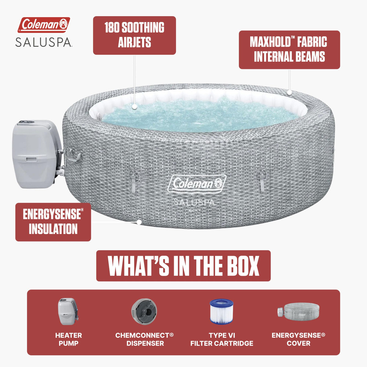 Coleman Sicily 5 to 7 Person Inflatable Hot Tub, Round Portable Outdoor Spa with 180 Airjets and Energysense Cover, Grey, 85" X 28"