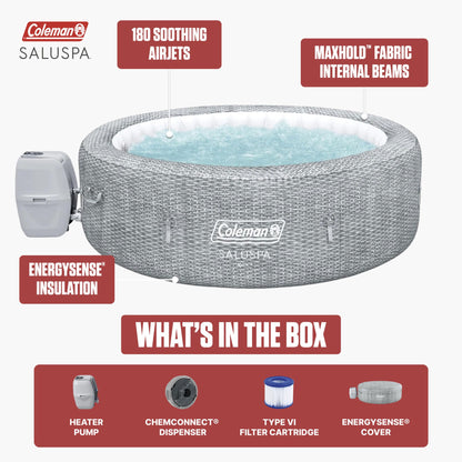 Coleman Sicily 5 to 7 Person Inflatable Hot Tub, Round Portable Outdoor Spa with 180 Airjets and Energysense Cover, Grey, 85" X 28"