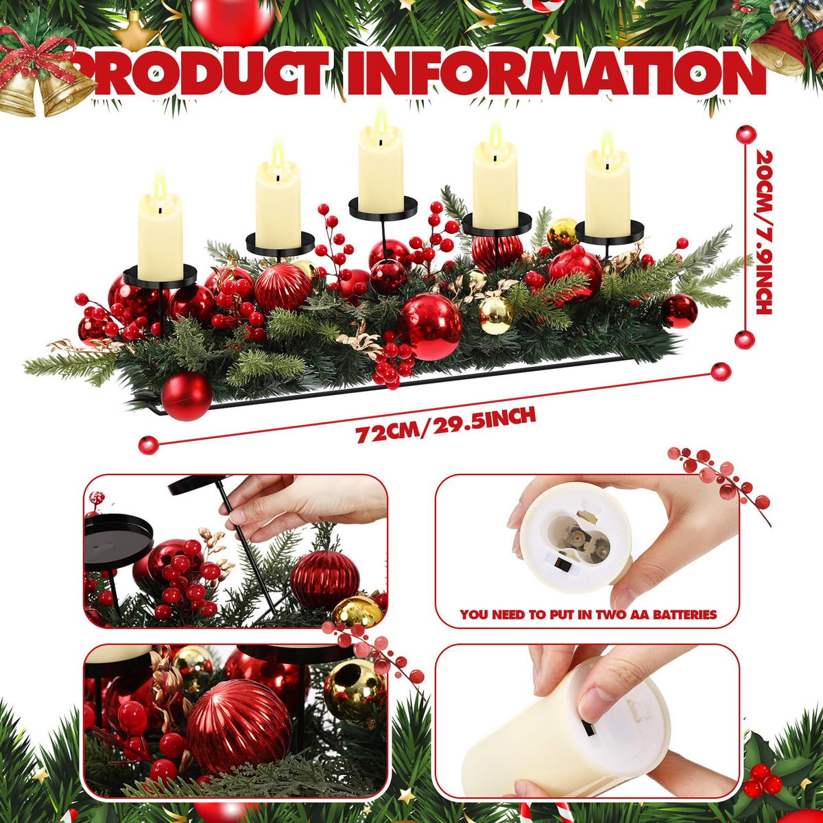 Funnymoom Christmas Tabletop Centerpiece 30 Inch Christmas Poinsettia Candle Holder with 5 Candle Artificial Table Decorations with Red Berries Gold Plants(red Ball)