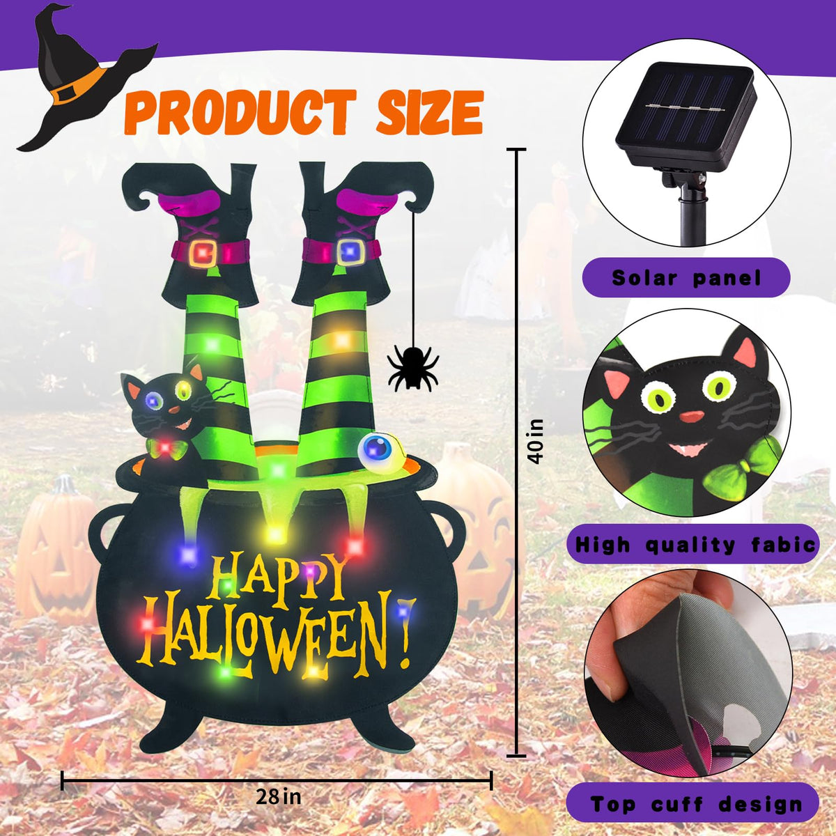 Halloween Lighted Garden Flag for Outside, LED Solar Yard Flag 8 Modes Witch Feet Shape Flag, 28x40 Double Sided Cauldron Eyeball Black Cat Decorations for Home Porch