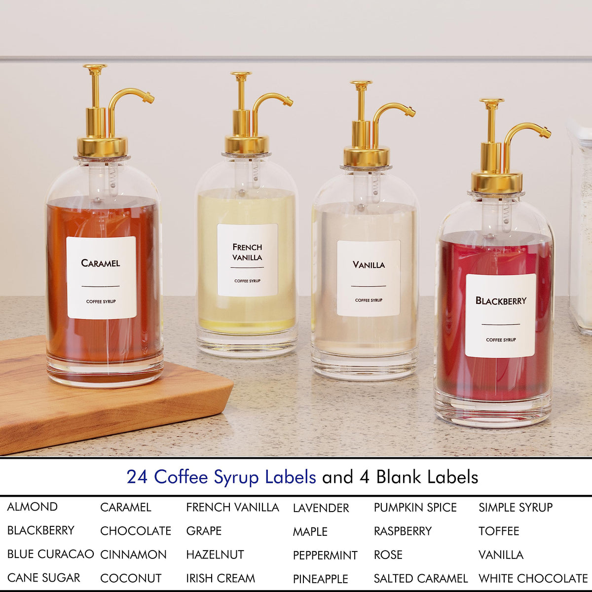16.9 Oz (500 Ml) Coffee Syrup Dispenser Set- 4 Glass Bottles with Gold Pumper and Syrup Labels