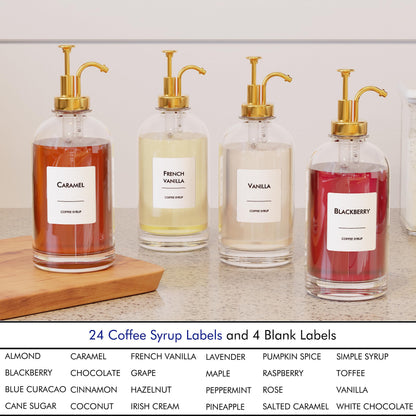 16.9 Oz (500 Ml) Coffee Syrup Dispenser Set- 4 Glass Bottles with Gold Pumper and Syrup Labels