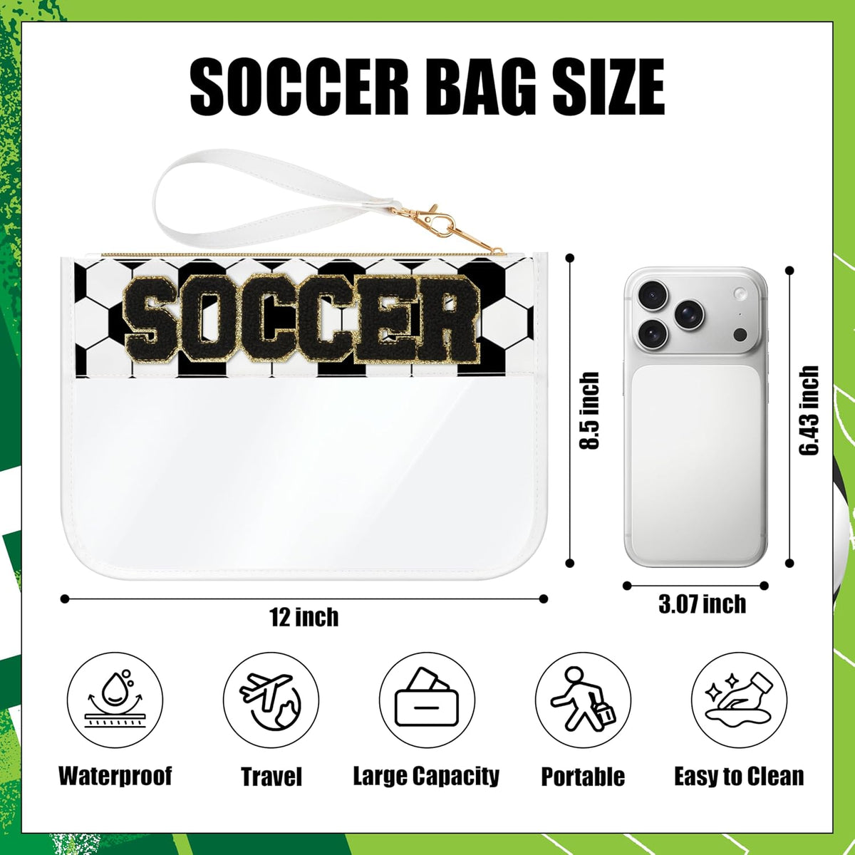 BuyCard Soccer Gift Makeup Bag with Chenille Letter Patch, Clear Cosmetic Pouch PVC Organizer Purse, Waterproof Travel Bag, Portable Toiletry Storage Bag for Her Friends